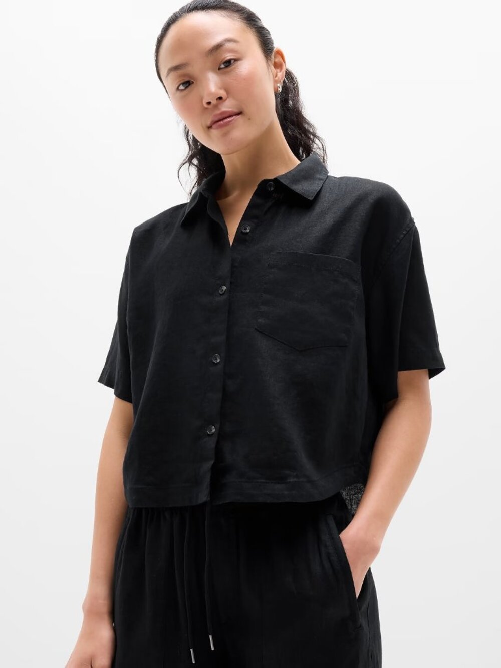 Athleta Retreat Linen Short Sleeve Shirt [S | Black]